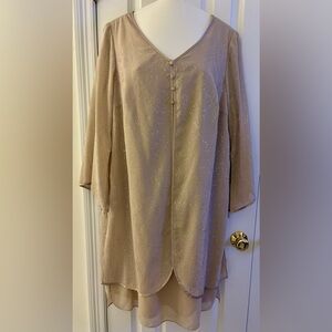 Dana Kay sz 16W dress, tan & gold, chiffon, satin, metallic floral print, NWT